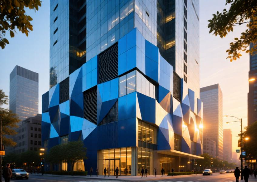 Modern high-rise with anodized blue aluminum rainscreen cladding at golden hour, showcasing design and functionality.