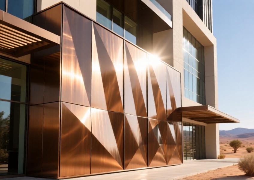 Detail of anodized bronze brushed aluminum cladding on a luxury hotel, highlighting texture and sunlight interaction.