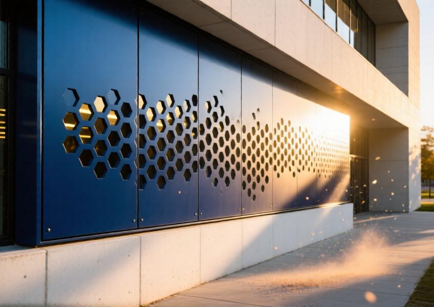 Deep navy blue perforated aluminium panel casts intricate hexagonal light patterns at sunset, showcasing functional artistry on a cultural building façade.