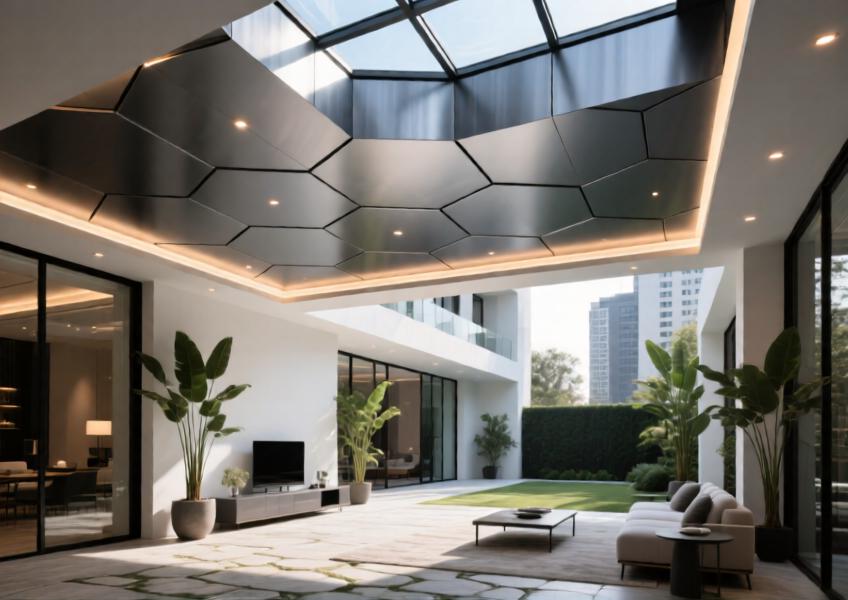 Interior atrium of a luxury villa with charcoal-grey anodised aluminium ceiling panels, reflecting design cohesion and functional aesthetics.