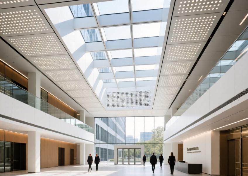 Luxury office atrium with perforated matte white aluminum ceiling enhancing acoustics and natural light diffusion.