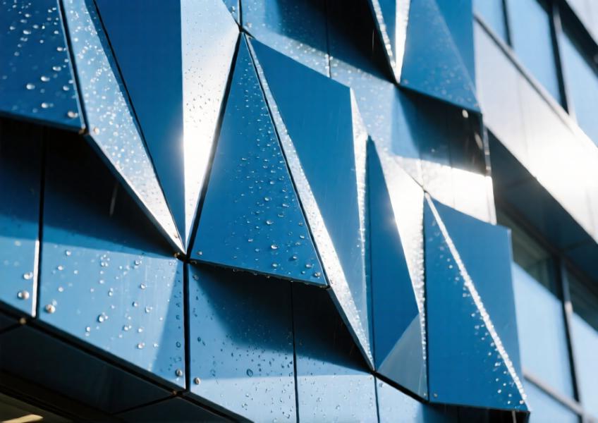 Close-up of anodized blue folded aluminum cladding with strong light-shadow contrast.