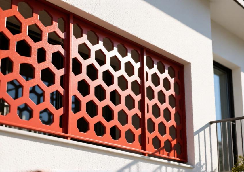 Perforated terracotta red aluminum sun screen panels casting geometric shadows on a luxury villa facade.