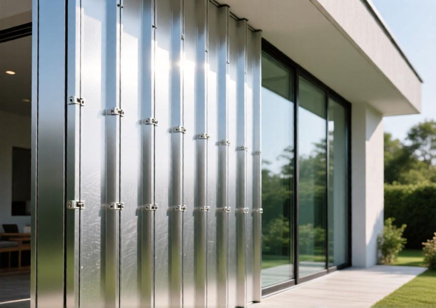 Detailed view of brushed aluminum cladding on a modern villa exterior.