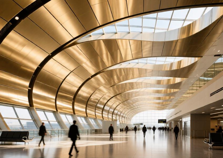 Luxury airport interior with champagne-gold aluminum ceiling panels.