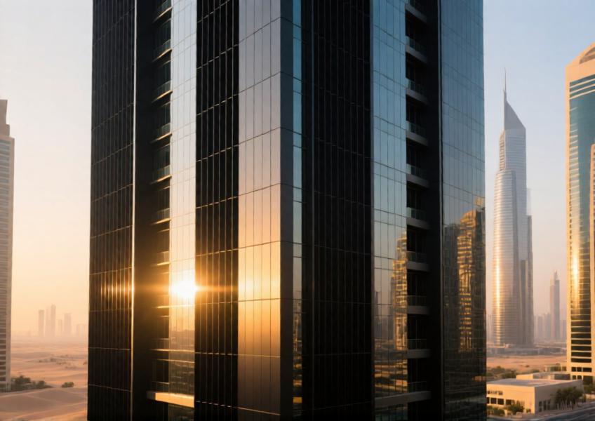 High-rise building with matte black cladded aluminum curtain wall in Dubai at sunset