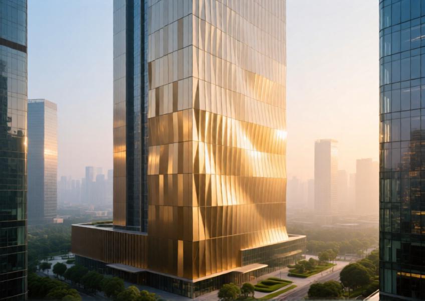 Shanghai commercial tower with champagne-gold anodized aluminum cassette panels glowing at sunrise