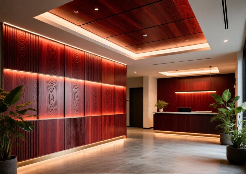 Luxury hotel interior with mahogany-red aluminum timber look cladding on walls and ceiling, blending warmth and modern elegance.