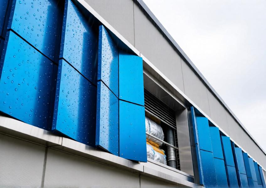 Detailed view of vibrant anodized blue aluminium rainscreen on a cultural building, showing texture, water shedding, and system structure.