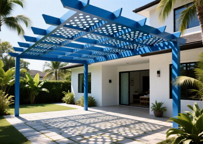 Patio with anodized blue perforated aluminum ceiling casting artistic light patterns