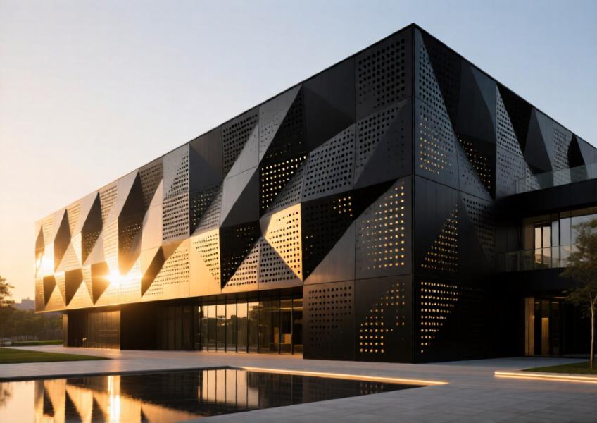 Modern cultural center with matte black perforated aluminum facade creating dynamic light patterns at sunset.