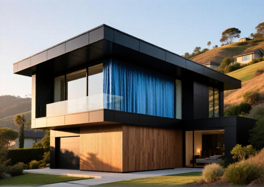 Modern luxury villa showcasing matte black aluminium eaves cladding harmonized with anodized blue curtain walls under warm sunset lighting.