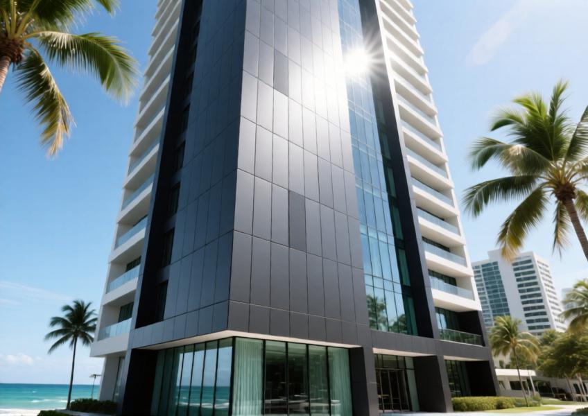 Modern commercial high-rise with durable matte anthracite PVDF aluminum cladding in a coastal environment.