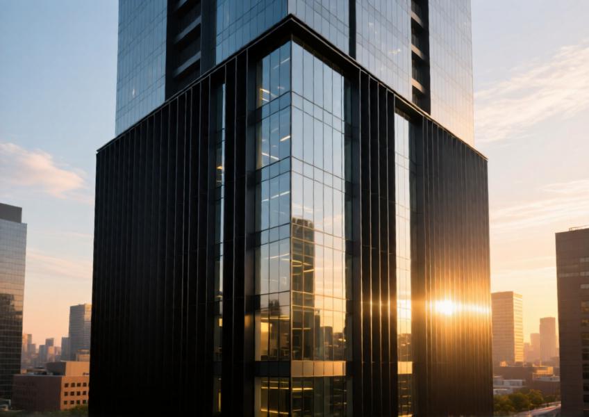 Modern office tower with matte black aluminum curtain walls at sunset.