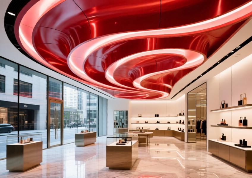 Retail space with bold red aluminum ceiling sheets creating an immersive, flowing architectural feature.