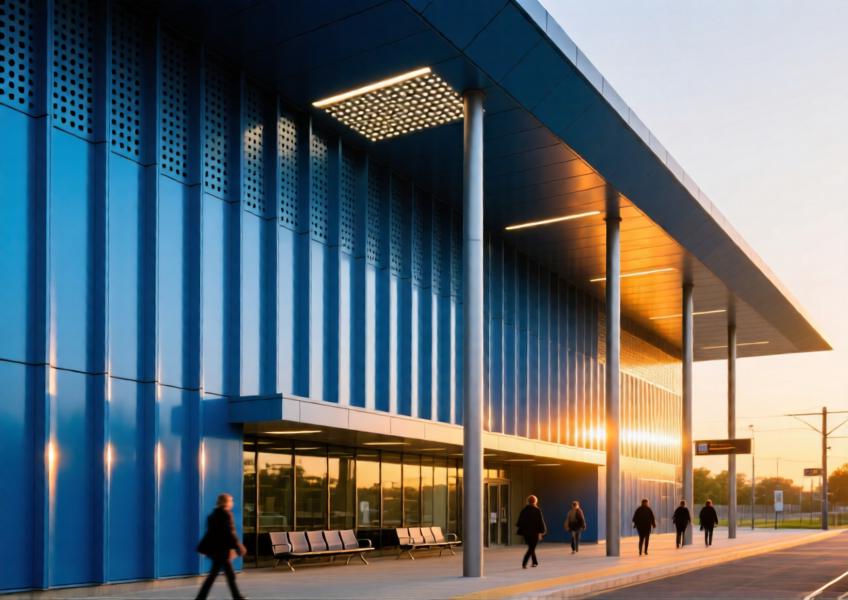 Modern transit station exterior with anodized blue aluminum wall panels catching golden hour light, combining function and elegance.
