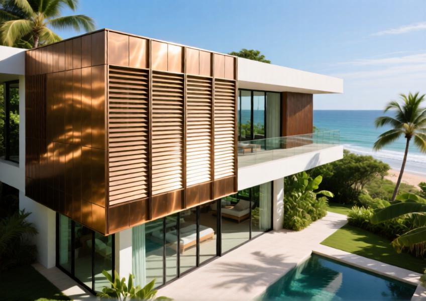 Luxury tropical villa with anodized bronze aluminum louvered cladding for solar shading