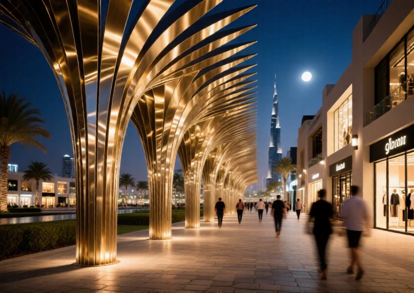Evening view of a luxury pedestrian walkway with gold-finished aluminum fins casting artistic shadows in a high-end urban development.