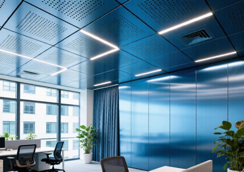 Modern office with anodized blue aluminum ceiling and wall system for a unified, sustainable aesthetic.