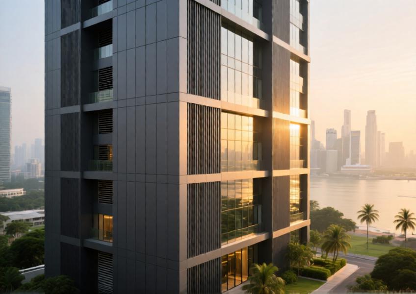 Modern high-rise in Singapore with durable, matte charcoal gray aluminum cladding resistant to coastal elements.