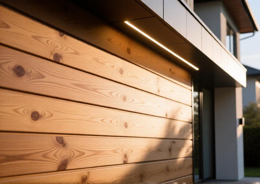 Detailed shot of light oak-finish aluminum cladding with realistic wood grain, showing texture, lighting effects, and modern integration.