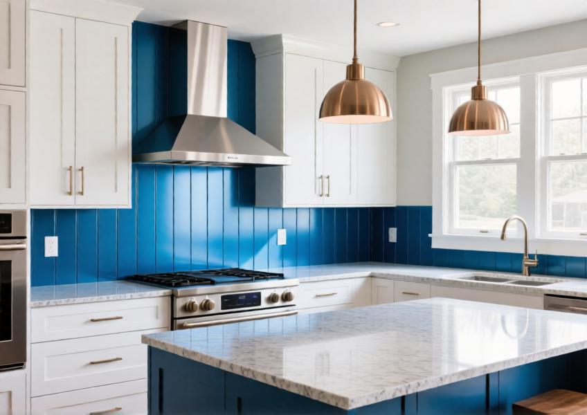 Luxury kitchen featuring anodized blue aluminum cladding as a stylish and durable backsplash element.