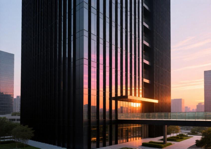 Modern high-rise with matte black aluminium composite panel cladding at sunset