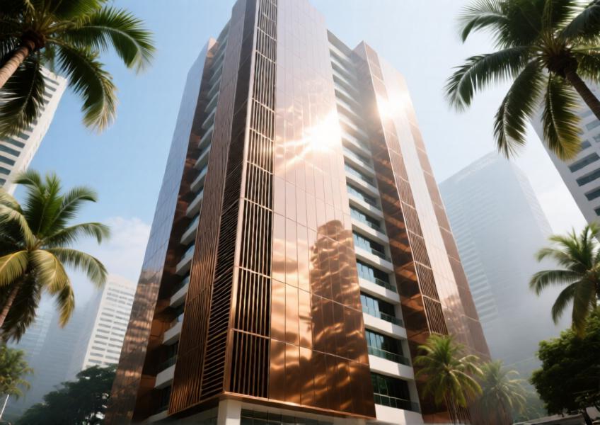 Modern high-rise with metallic bronze aluminum cladding in a tropical city, emphasizing durability and aesthetic integration.
