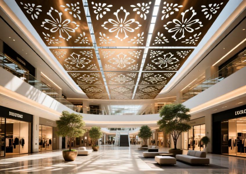 Bronze-finished aluminum ceiling in a luxury mall atrium, showcasing decorative and functional interior use.
