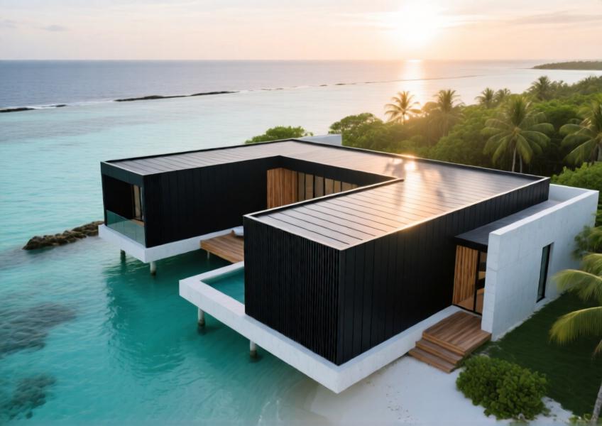 Luxury villa with matte black aluminium cladding in a pristine island environment