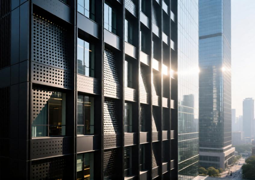 Matte black perforated aluminum façade on a Shanghai office tower creating dynamic light and shadow effects