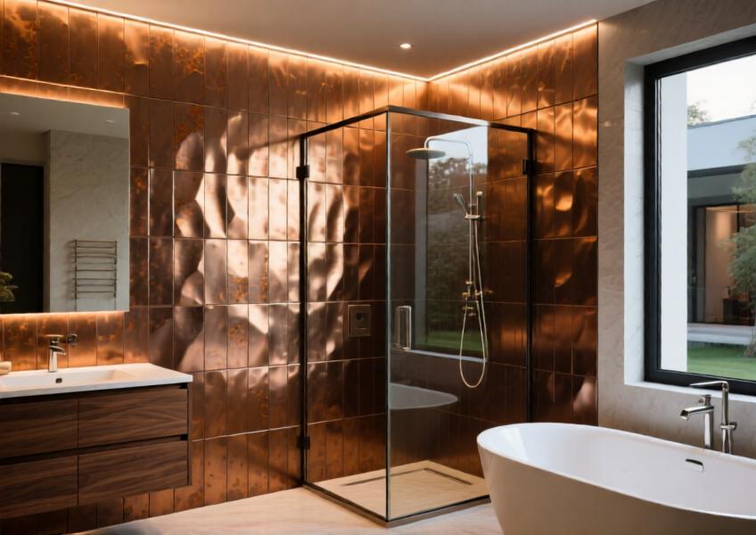 Elegant villa bathroom with warm bronze-finished aluminum cladding designed for durability and visual richness in a humid environment.