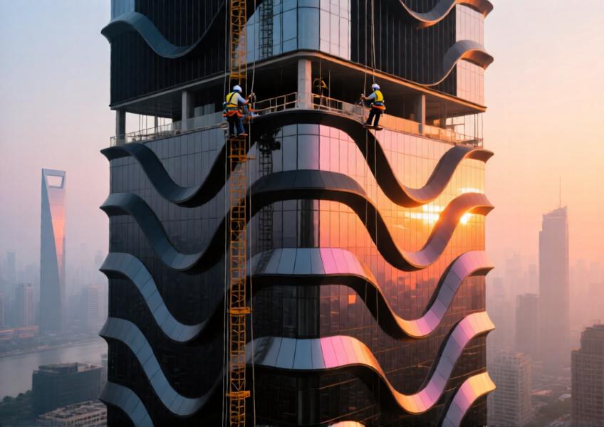 High-rise office tower with matte black anodized wave-patterned aluminum cladding during installation at sunset in Shanghai