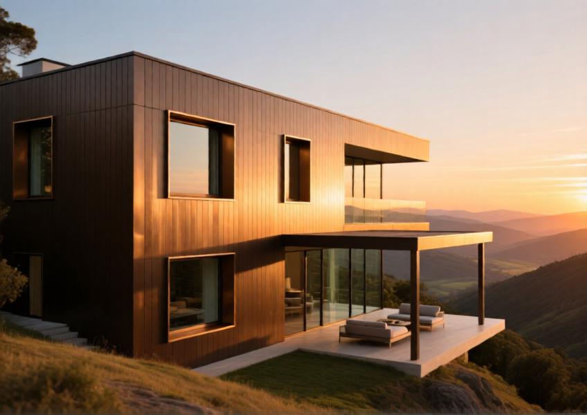 Luxury hillside villa with bronze powder-coated aluminum cladding glowing in golden hour light
