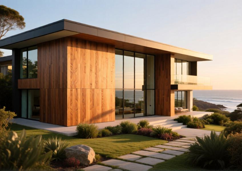 Modern luxury villa with warm walnut-finish aluminum cladding mimicking wood, set in a coastal landscape at sunset.