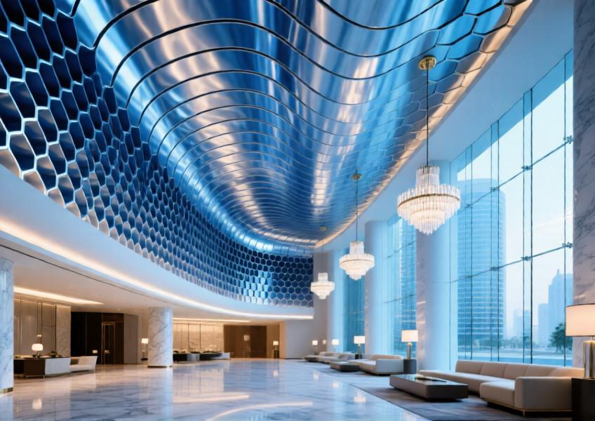 Anodized blue curved honeycomb panels form a signature wave-like ceiling in a luxury Dubai hotel atrium.