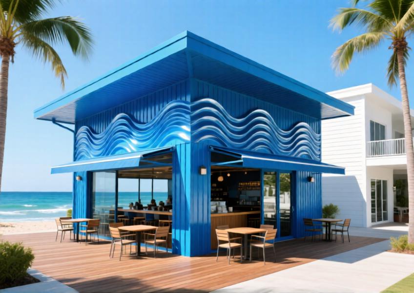 Coastal café with anodized blue aluminium cladding and ceiling, reflecting durability and style in a seaside setting.