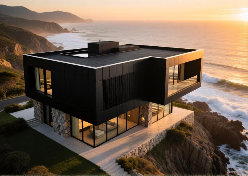 Luxury cliffside villa with matte black aluminium rainscreen cladding at sunset, highlighting modern design and resilience in a coastal environment.