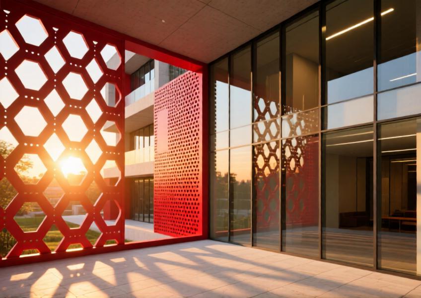 Vibrant red perforated aluminum cladding serving as a design and functional transition element in a mixed-use building at sunset