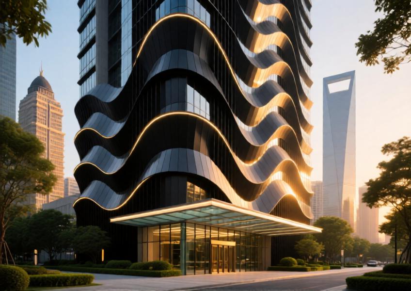 High-rise with wave-like matte black folded aluminum facade in golden hour light.