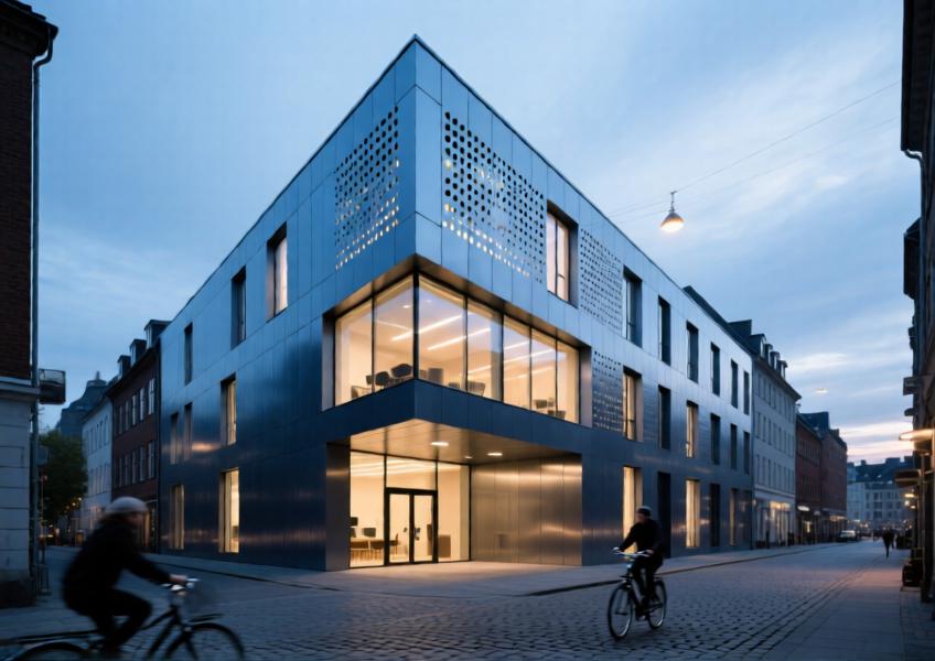 Urban mixed-use building in Copenhagen with blue-gray anodized aluminum rainscreen and curtain wall system at twilight, showing perforated panels emitting light and integrating with city life.
