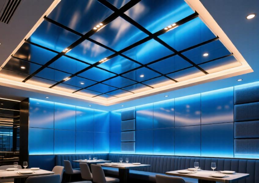 Anodized blue aluminum ceiling and wall panels create a cohesive, upscale aesthetic in a modern restaurant interior
