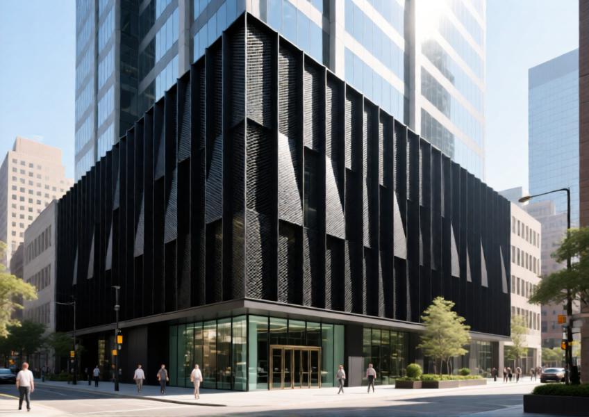Modern urban building with matte black aluminum mesh cladding creating dynamic shadows under natural sunlight.