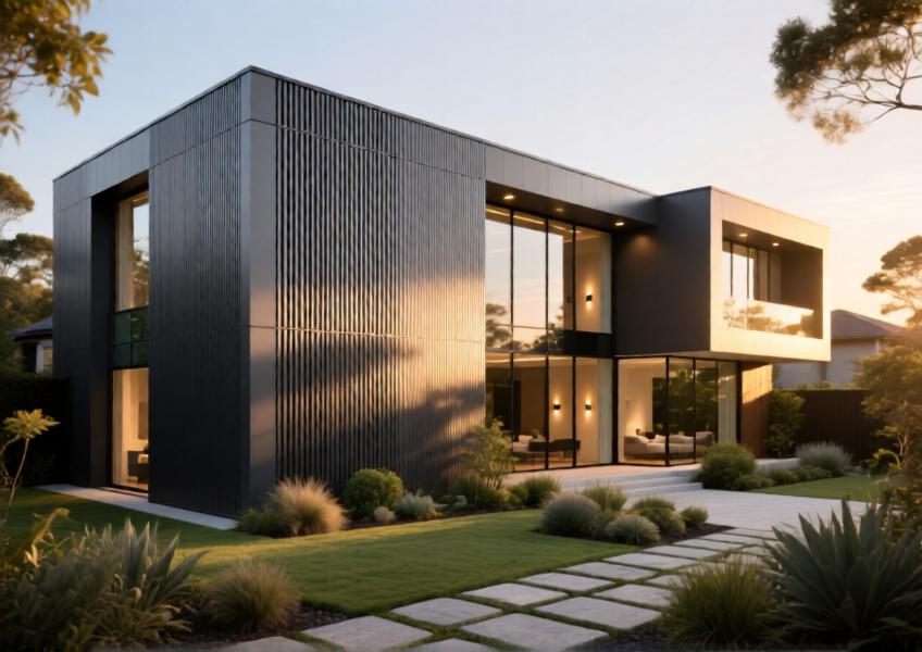 Modern luxury villa with matte anthracite aluminium rainscreen under warm golden-hour light, blending contemporary design with nature.