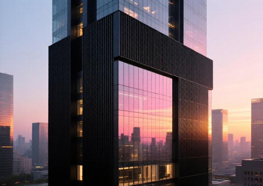 Modern urban high-rise with matte black powder coated aluminium cladding at sunset.