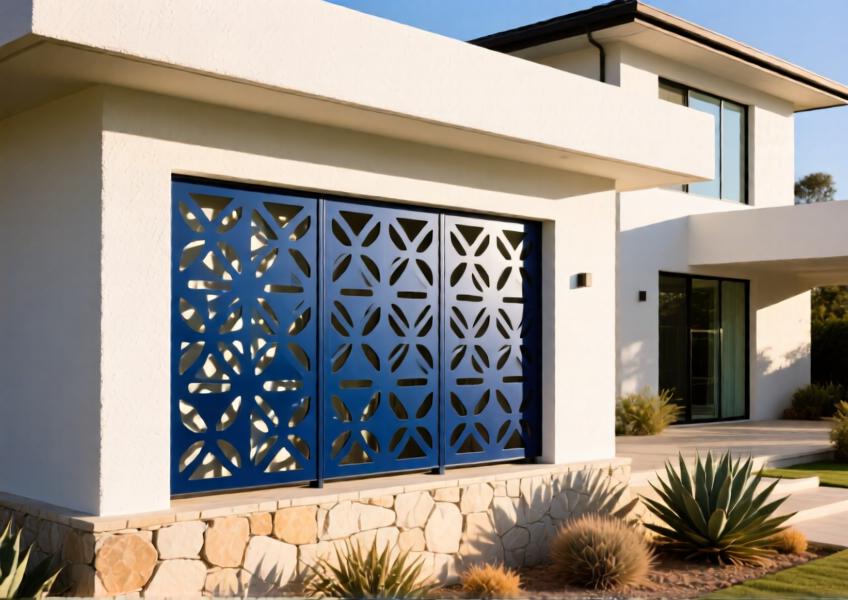 Close-up of a navy blue powder-coated aluminum decorative screen on a modern luxury villa, casting artistic shadows.