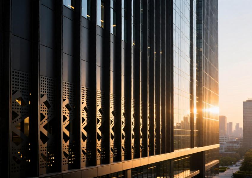 Modern commercial high-rise with matte black perforated aluminum curtain wall at sunset