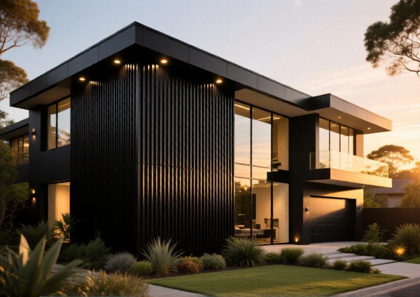 Modern luxury villa with matte black aluminum cladding, illuminated at golden hour