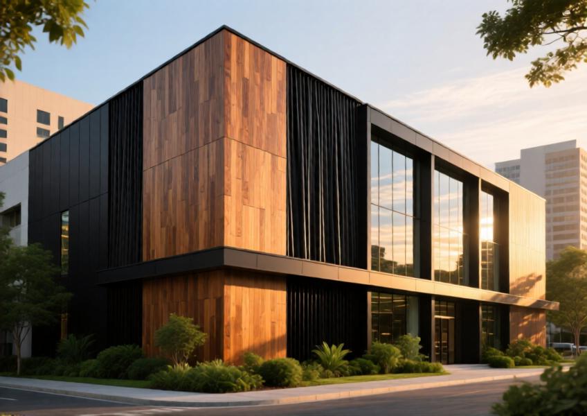Modern commercial façade with wood look aluminum cladding and matte black curtain walls, harmonized with surrounding greenery under warm sunset lighting.