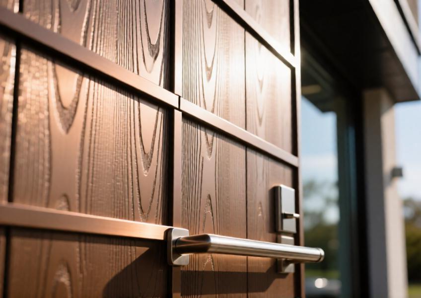 Detailed view of anodized bronze aluminum timber cladding with realistic wood grain under natural daylight